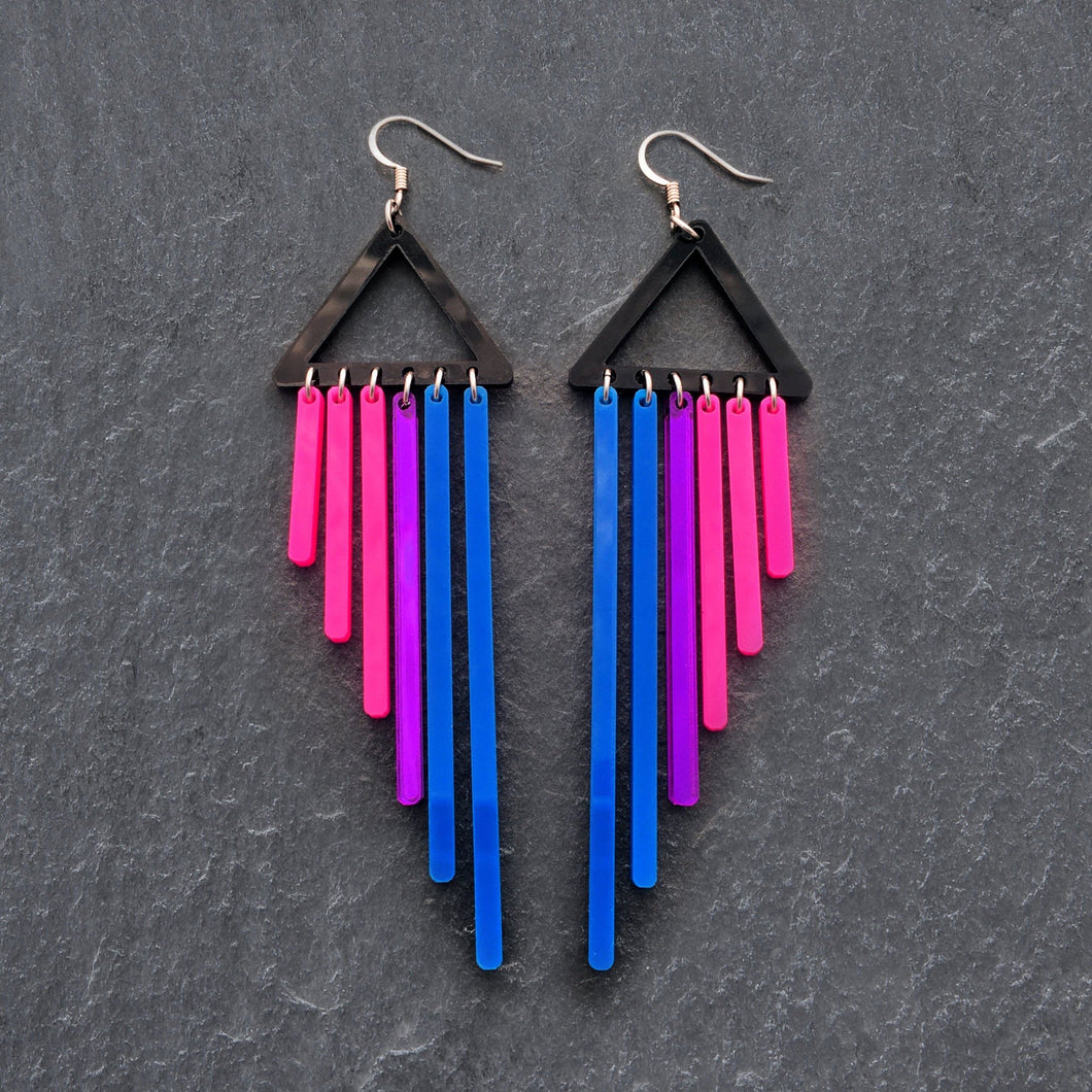 Pair of Handmade Maine and Mara BIFURIOUS Bisexual Pride Earrings with hook and long chimes