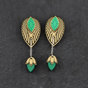 Pair of THE Australia-made ATHENA Gold Earrings with emerald gem by Maine and Mara