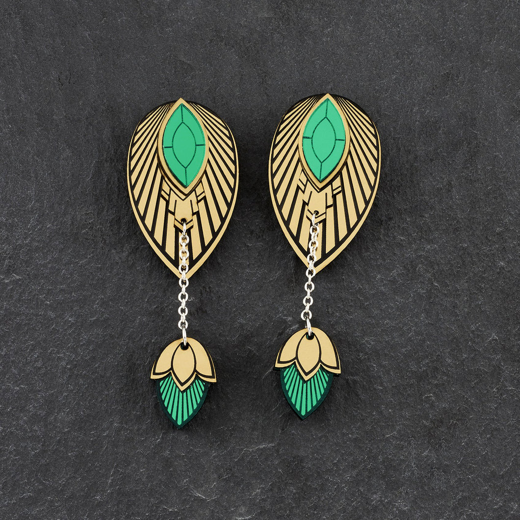 Pair of THE Australia-made ATHENA Gold Earrings with emerald gem by Maine and Mara
