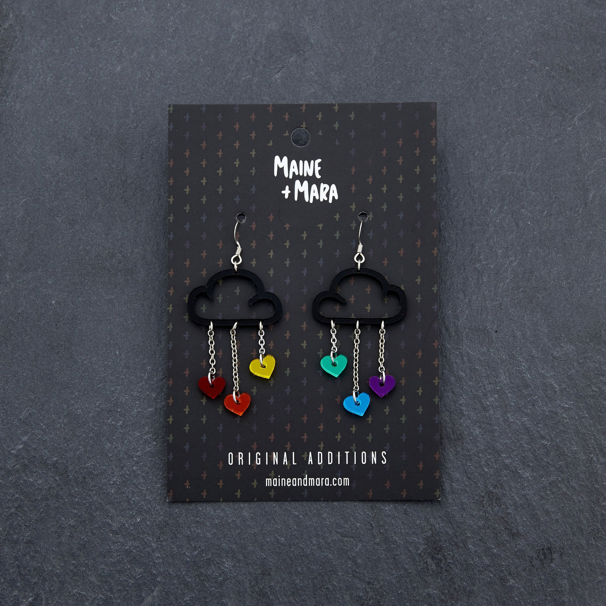 Black Cloud and Pride Rainbow Love Heart Dangle Earrings with Hook handmade by Maine and Mara with packaging
