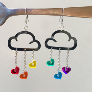 Australian-made Black Cloud and Pride Rainbow Love Heart Dangle Earrings with Hook handmade by Maine and Mara