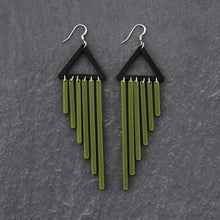 Load image into Gallery viewer, Olive Colour Pop Chimes Long Dangles with Hook Statement Earrings handmade by Maine and Mara