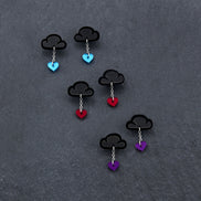 LOVE RAINDROPS Cloud and Heart Statement Earrings handmade by Maine and Mara displayed in various colours
