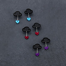 Load image into Gallery viewer, LOVE RAINDROPS Cloud and Heart Statement Earrings handmade by Maine and Mara displayed in various colours