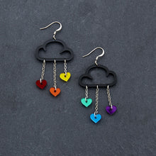 Load image into Gallery viewer, Black Cloud and Pride Rainbow Love Heart Dangle Earrings with Hook handmade by Maine and Mara