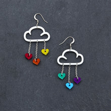 Load image into Gallery viewer, Pride RAINBOW Cloud and Love Heart Dangle Earrings with Hook handmade by Maine and Mara