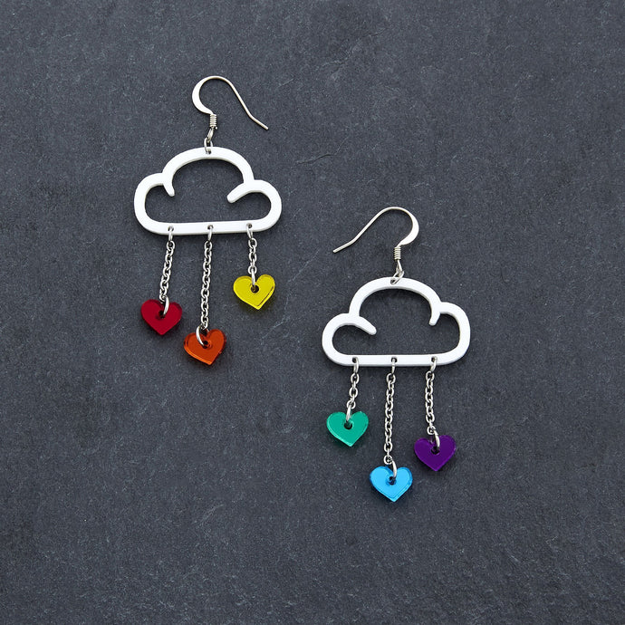 Pride RAINBOW Cloud and Love Heart Dangle Earrings with Hook handmade by Maine and Mara