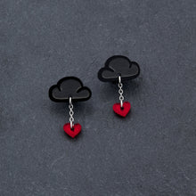 Load image into Gallery viewer, Red and Black LOVE RAINDROPS Cloud and Heart Statement Earrings handmade by Maine and Mara