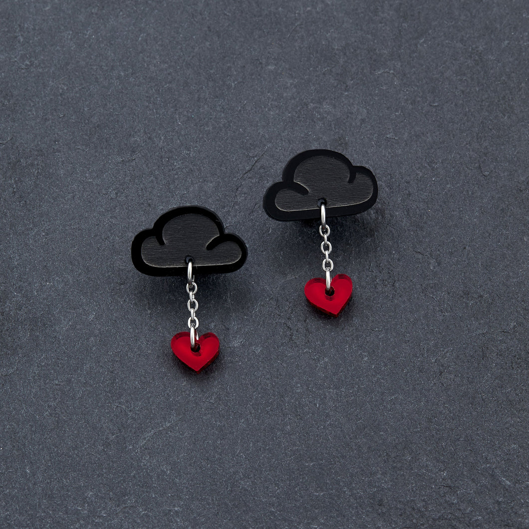 Red and Black LOVE RAINDROPS Cloud and Heart Statement Earrings handmade by Maine and Mara