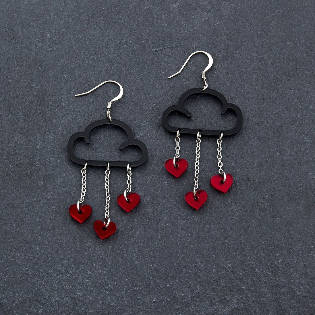 Black Cloud and Red Love Heart Dangle Earrings with Hook handmade by Maine and Mara