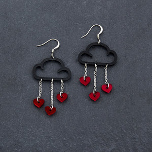 Black Cloud and Red Love Heart Dangle Earrings with Hook handmade by Maine and Mara