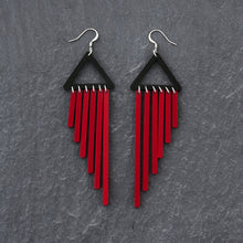 Load image into Gallery viewer, Ruby red Colour Pop Chimes Long Dangles with Hook Statement Earrings handmade by Maine and Mara