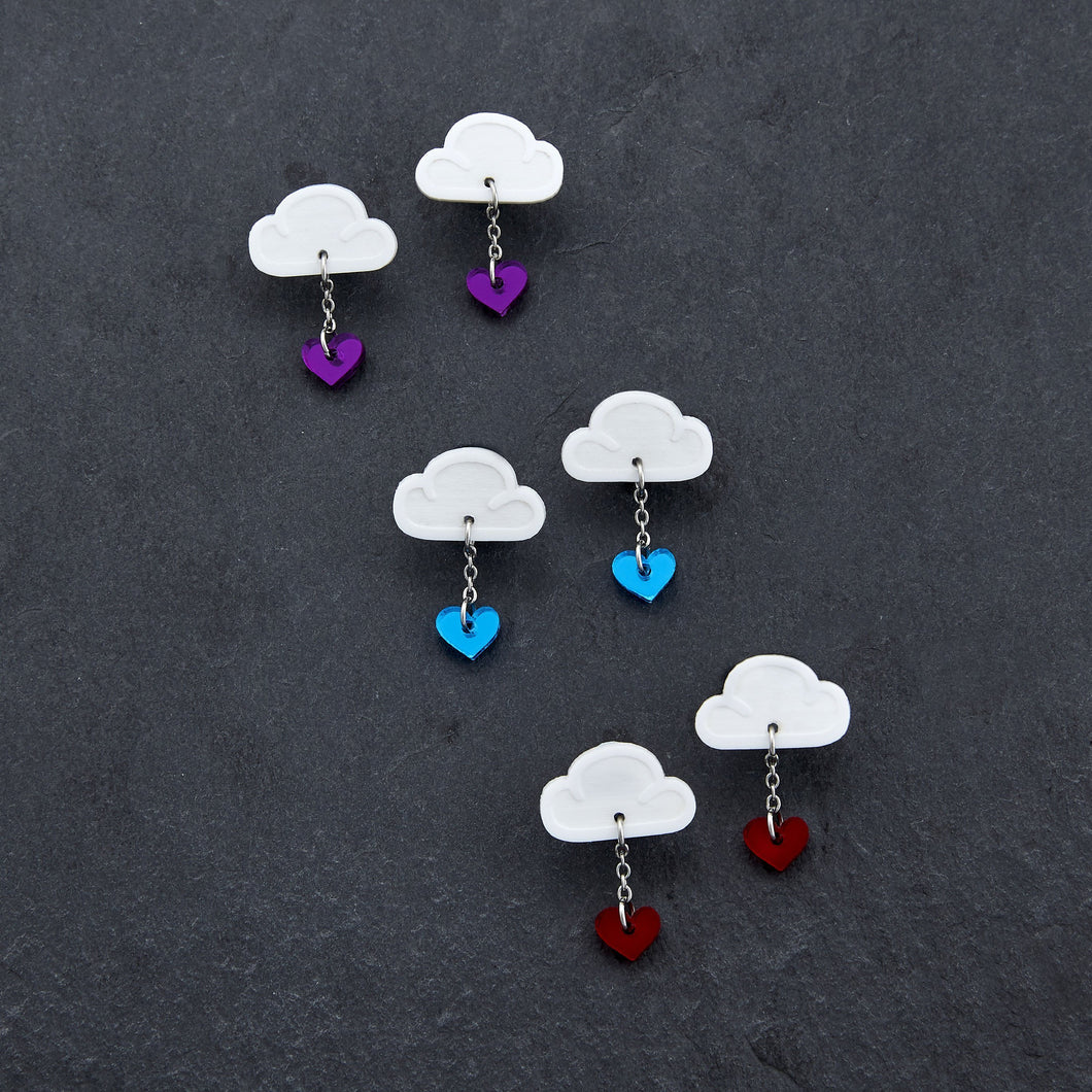 Various Colours Of The LOVE RAINDROPS Cloud and Heart Earrings by Maine and Mara