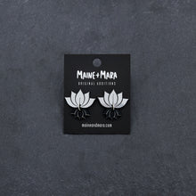 Load image into Gallery viewer, Australian handmade Maine and Mara silver LOTUS Art Deco Statement Studs with packaging