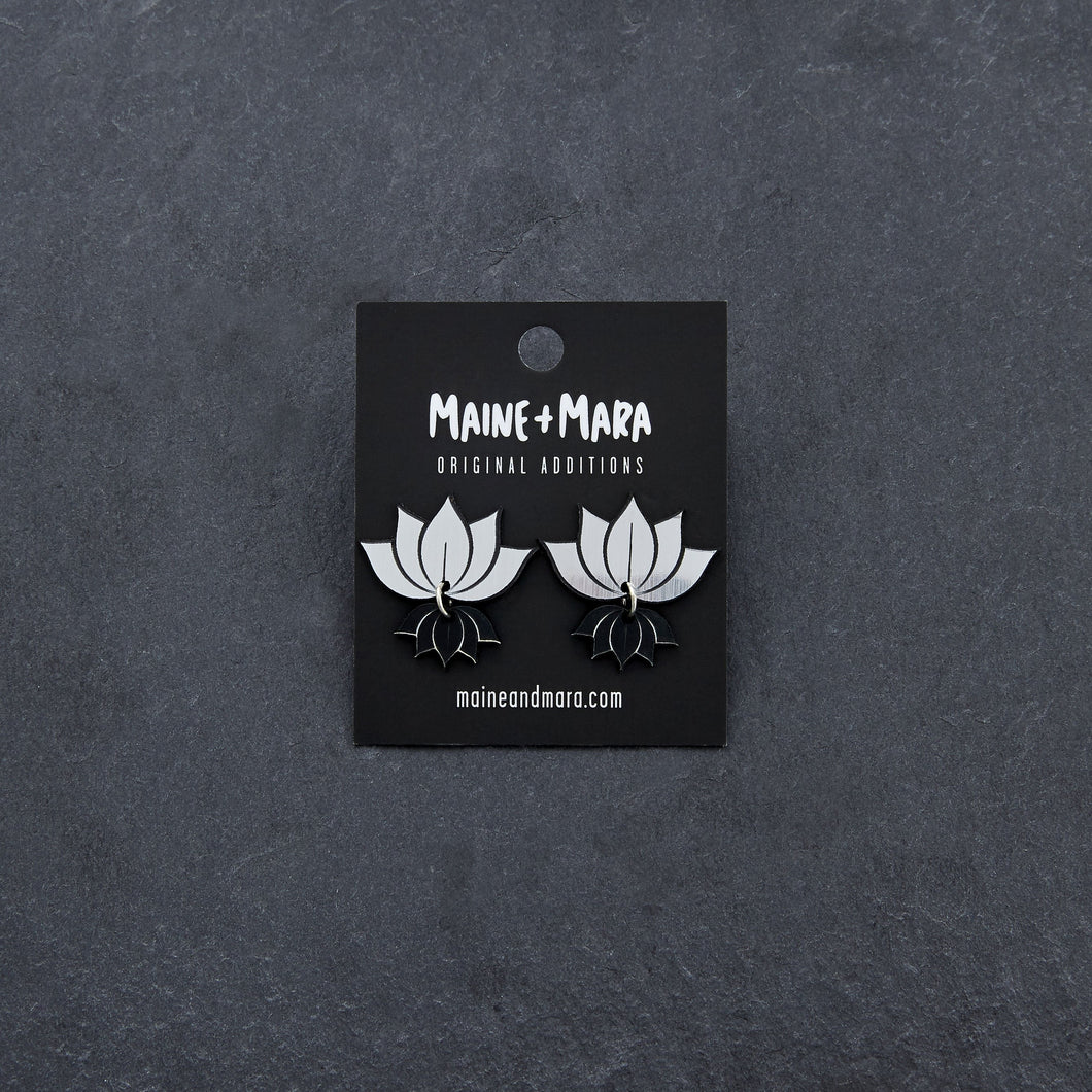 Australian handmade Maine and Mara silver LOTUS Art Deco Statement Studs with packaging