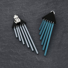 Load image into Gallery viewer, Teal Colour Pop Chimes Long Dangles with Hook Statement Earrings handmade by Maine and Mara shown front and back