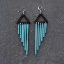 Load image into Gallery viewer, Teal Colour Pop Chimes Long Dangles with Hook Statement Earrings handmade by Maine and Mara