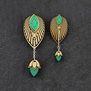 THE ATHENA Gold and Emerald gem Stackable Earrings by Maine and Mara displayed in two different sizes