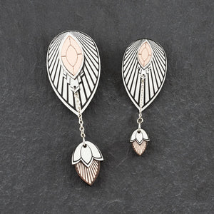 THE ATHENA Silver and Rose Gold Stackable Earrings by Maine and Mara displayed in two different sizes