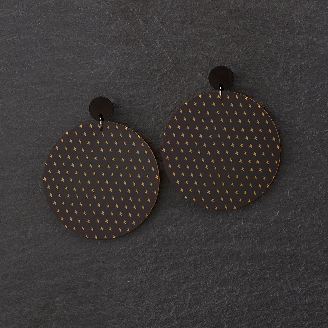 Pair Of Large Black And Gold Oversized Maine And Mara Handmade PLUS SIDE Bold Round statement Earrings