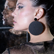 Person Wearing Black Australian Made Oversized Maine And Mara PLUS SIDE Round statement Earrings