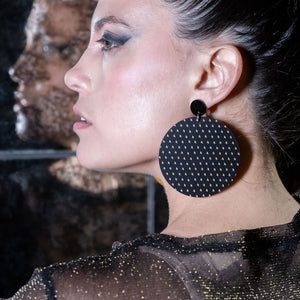 Person Wearing Black Australian Made Oversized Maine And Mara PLUS SIDE Round statement Earrings