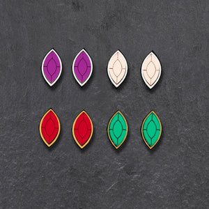 Maine And Mara Magnetic Stackable ATHENA STUDS Displayed In Ruby, Emerald , Amethyst And Rose Gold, Handmade in Australia