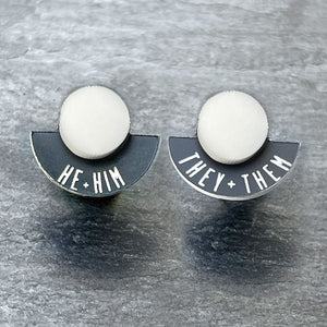 Earrings THEY / THEM / HE / HIM / GLOSSY WHITE FEARLESSLY FLUID Pronoun Studs Changeable Pronoun mini studs | statement earrings
