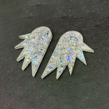 Load image into Gallery viewer, Earrings STUDS / MEDIUM HOLOGRAPHIC SILVER WINGS I Three sizes available Holographic Art Deco Wings | large statement earrings