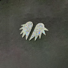 Load image into Gallery viewer, Earrings STUDS / MINI HOLOGRAPHIC SILVER WINGS I Three sizes available Holographic Art Deco Wings | large statement earrings