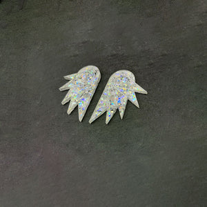 Earrings STUDS / MINI HOLOGRAPHIC SILVER WINGS I Three sizes available Holographic Art Deco Wings | large statement earrings
