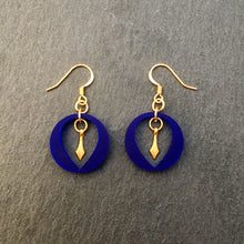 Load image into Gallery viewer, Maine and Mara blue art deco Hanging out here dangle earrings with brass pendant