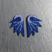 Load image into Gallery viewer, Pair of Australia-made medium SPREAD YOUR WINGS Studs in Glittery Navy Blue by Maine and Mara