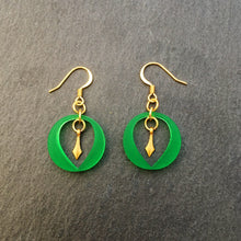 Load image into Gallery viewer, Maine and Mara green art deco Hanging out here dangle earrings with brass pendant