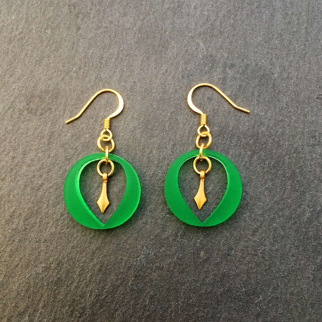 Maine and Mara green art deco Hanging out here dangle earrings with brass pendant