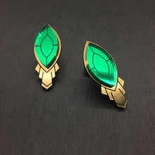 Load image into Gallery viewer, Australian-made Maine and Mara ATHENA Art Deco Stackable emerald and gold Stud Earrings
