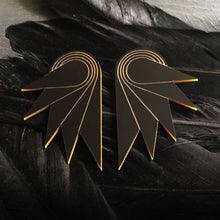 Load image into Gallery viewer, Matte Black Metal SPREAD YOUR WINGS Grande Art Deco Wings Clip-on Statement Earrings by Maine and Mara