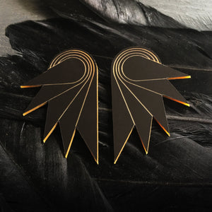 Matte Black Metal SPREAD YOUR WINGS Grande Art Deco Wings Clip-on Statement Earrings by Maine and Mara