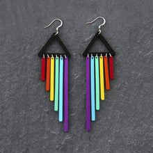 Load image into Gallery viewer, Pride RAINBOW CHEEKY CHIMES Lightweight Statement earrings with hooks handmade by Maine and Mara