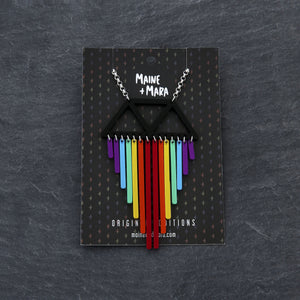 Handmade Maine and Mara SHORT RAINBOW CHIMES Pride NECKLACE on packaging