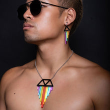 Load image into Gallery viewer, Person wearing Handmade Maine and Mara SHORT Pride RAINBOW CHIMES NECKLACE and matching earrings