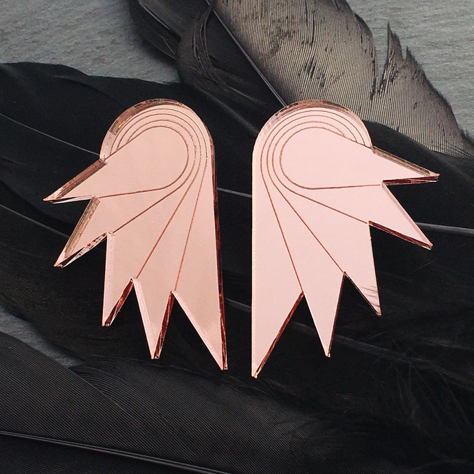 Handmade Maine and Mara GRANDE SPREAD YOUR WINGS ROSE GOLD MIRROR STUDS