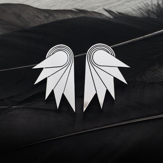 Silver Metal SPREAD YOUR WINGS Grande Art Deco Wings Clip-on Statement Earrings by Maine and Mara