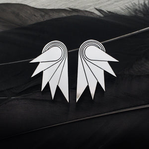 Silver metal Medium Statement SPREAD YOUR WINGS Art Deco Studs handmade by Maine and Mara