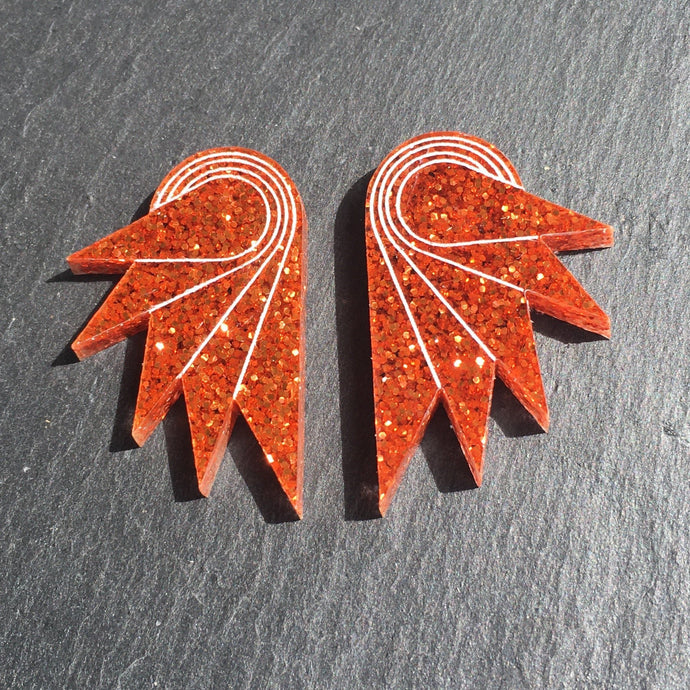 Maine and Mara Jewellery GRANDE SPREAD YOUR WINGS Studs in Glittery Burnt Orange