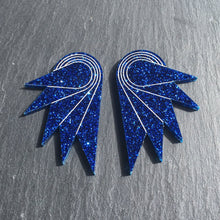 Load image into Gallery viewer, Pair of handmade Maine and Mara Jewellery SPREAD YOUR WINGS Studs in Glittery Navy Blue