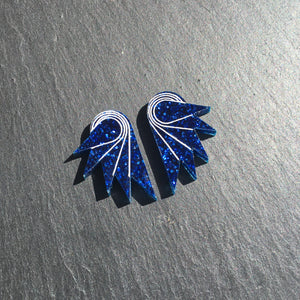 Pair of mini handmade SPREAD YOUR WINGS clipons in Glittery Navy Blue by Maine and Mara