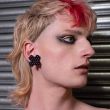 Load image into Gallery viewer, Genderless Maine And Mara Black BISOUS KISS Statement Studs worn By Person, Handmade in Australia
