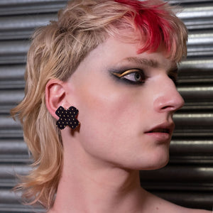 Genderless Maine And Mara Black BISOUS KISS Statement Studs worn By Person, Handmade in Australia