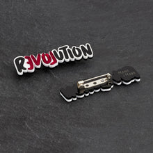 Load image into Gallery viewer, Meaningful LOVE REVOLUTION Statement Brooch shown front and back handmade by Maine and Mara